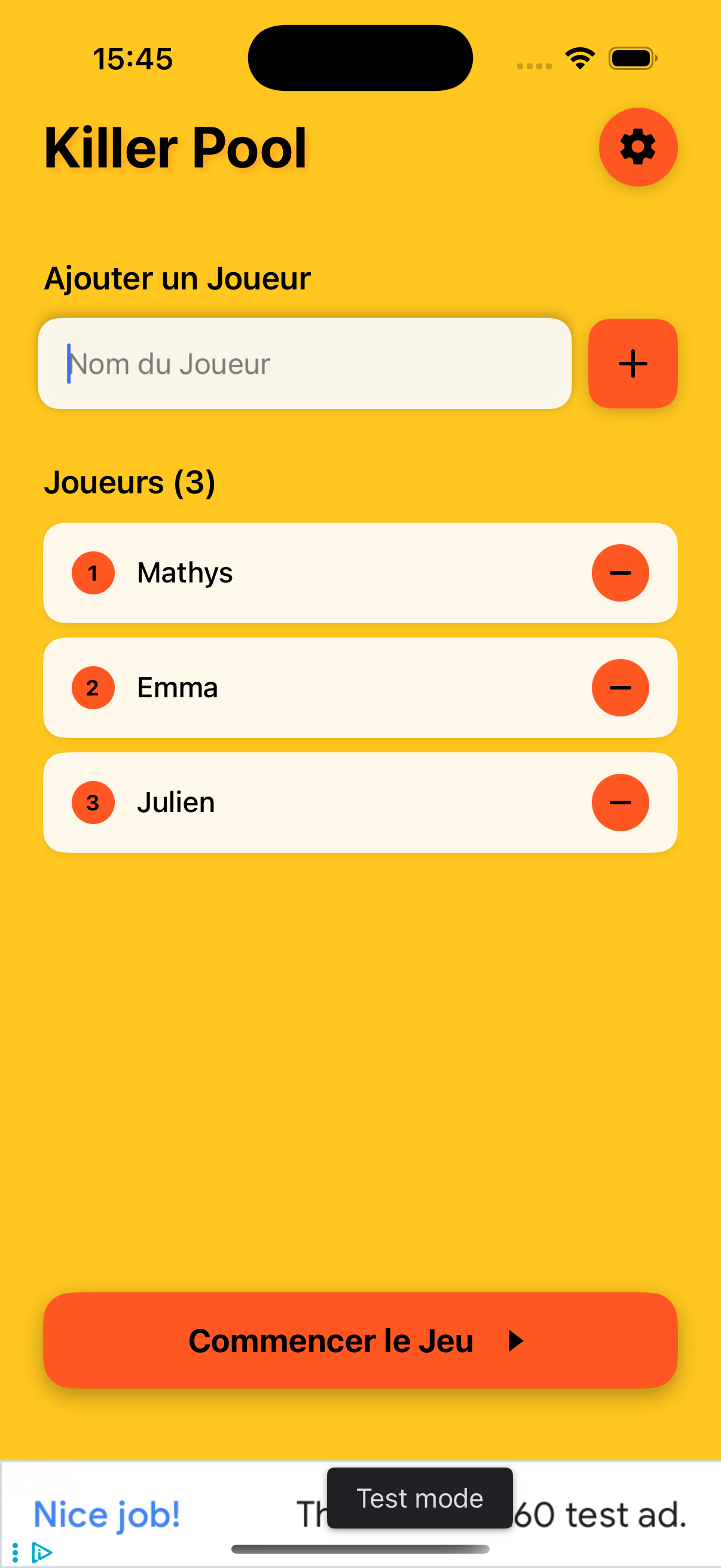 Écran d'accueil - Liste des joueurs