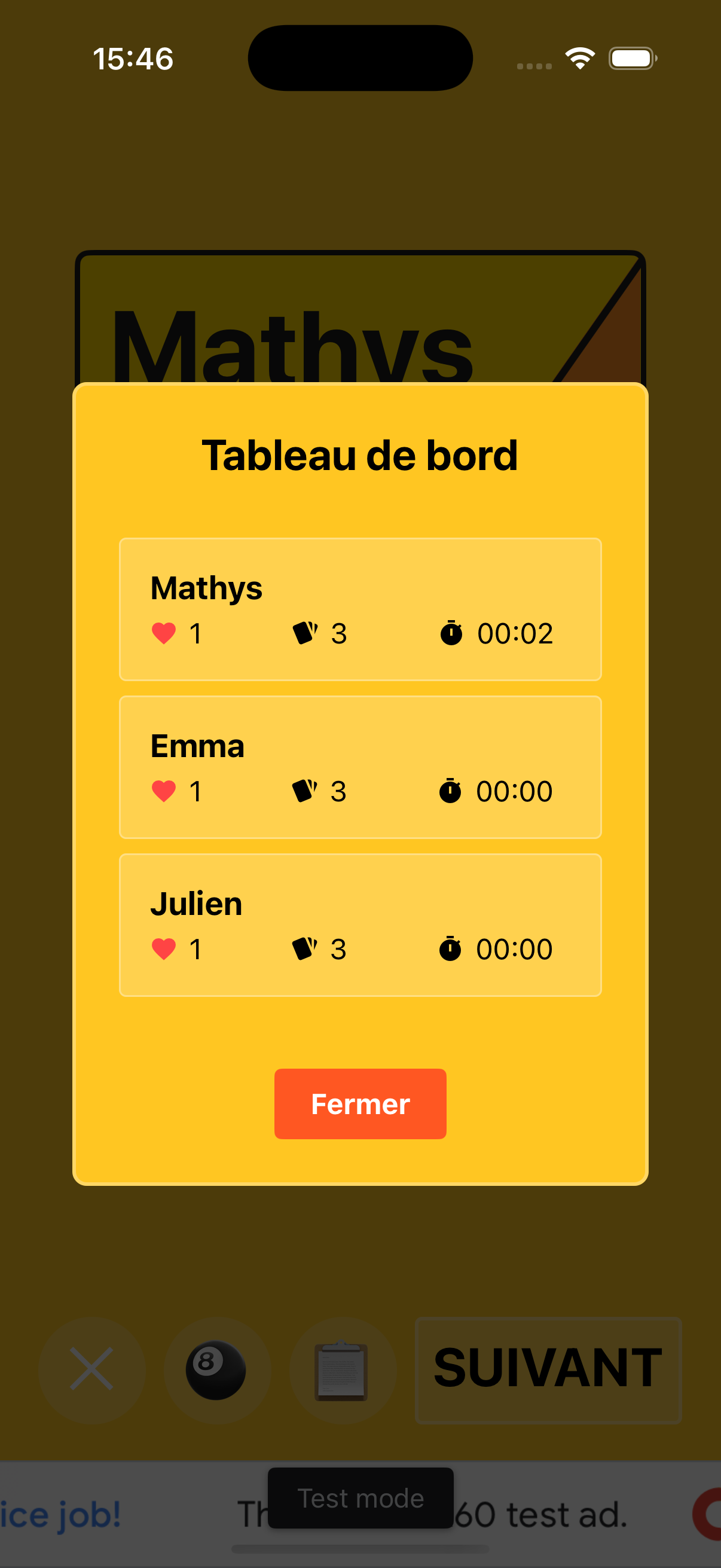 Tableau de bord en jeu